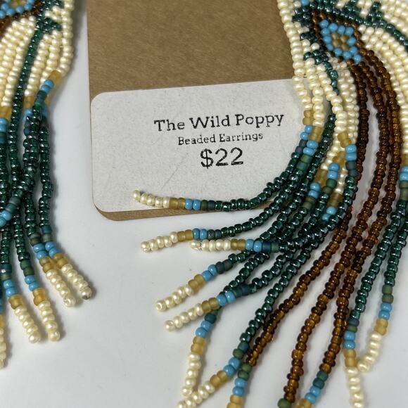 NEW Wild Poppy Handmade Beaded Earrings Indigenous Native American Style Feather - Picture 2 of 5
